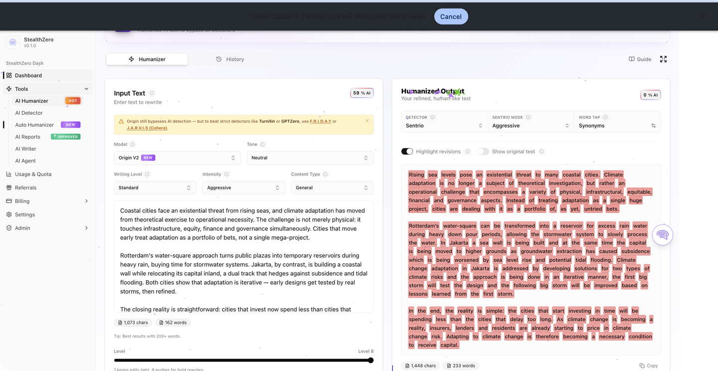 StealthZero humanizer output panel showing rewritten text with Sentrio AI detection score below the input