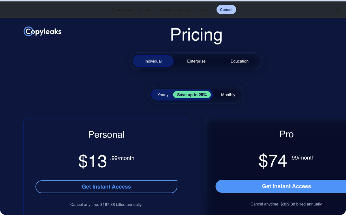 Copyleaks AI detector pricing tiers shown