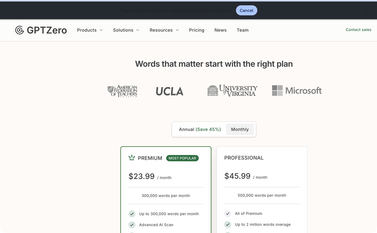 GPTZero pricing tiers