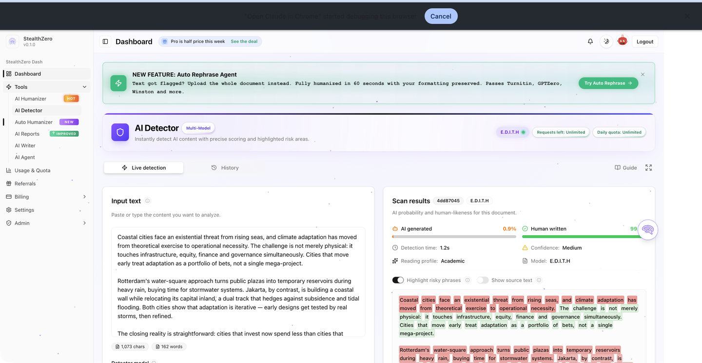 StealthZero AI detector results for a long document