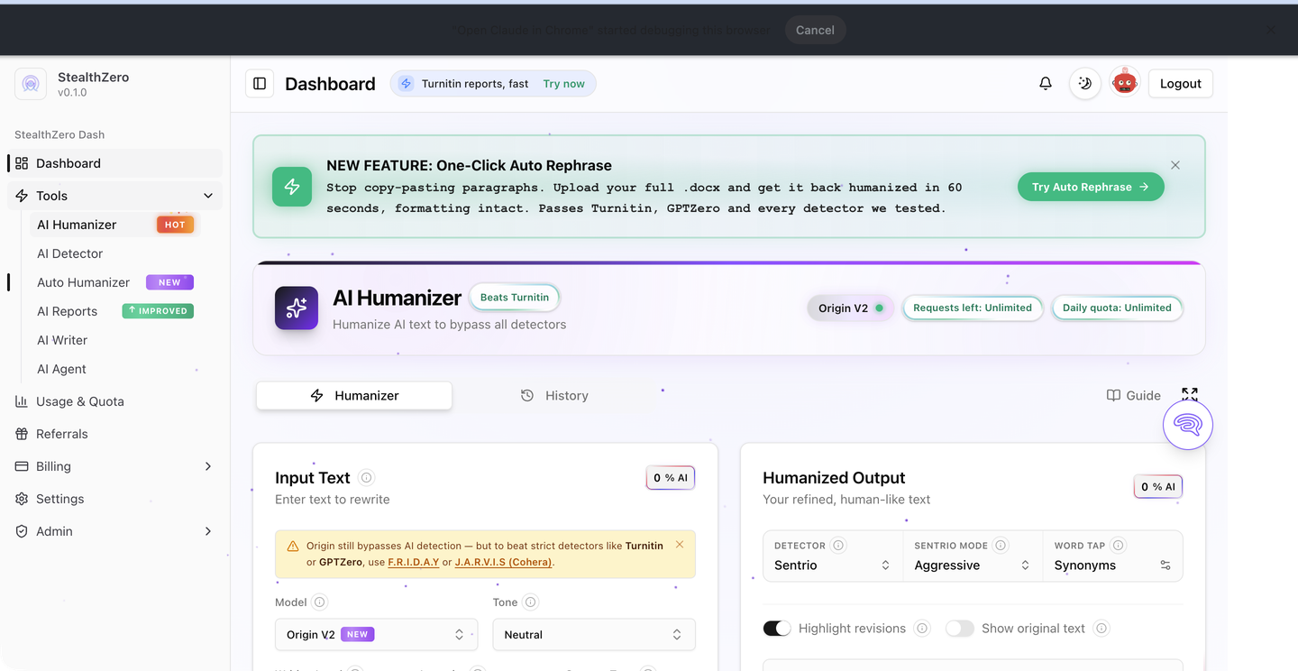 StealthZero rephrase tool interface