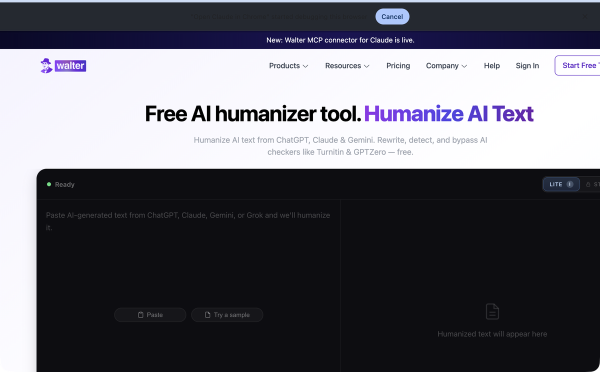 Walter Writes humanizer interface showing the Lite and Standard model selector