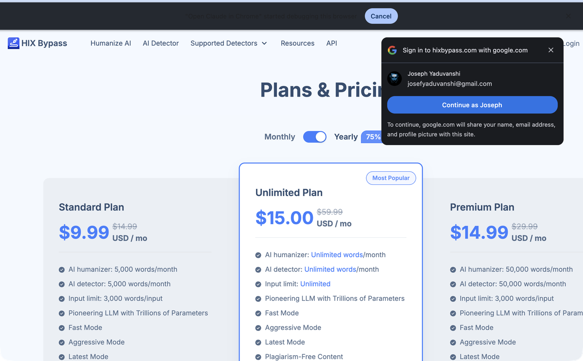 HIX Bypass pricing page showing subscription tiers
