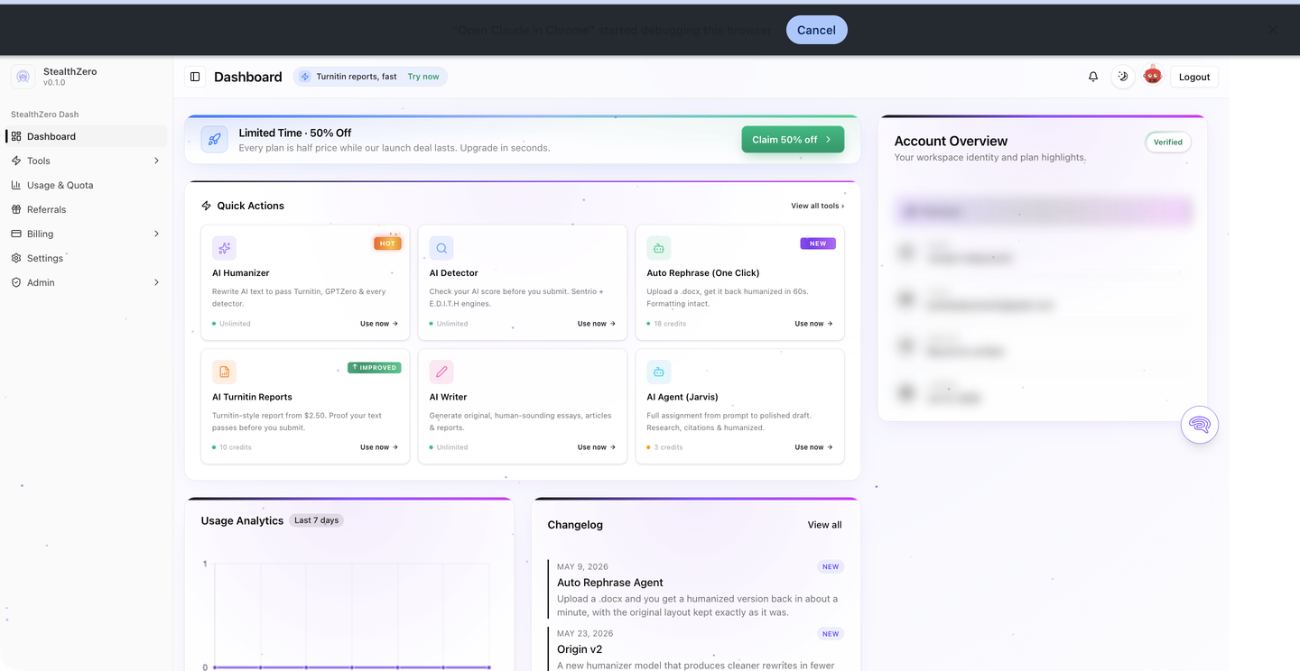 StealthZero dashboard showing free plan quota and tool tiles