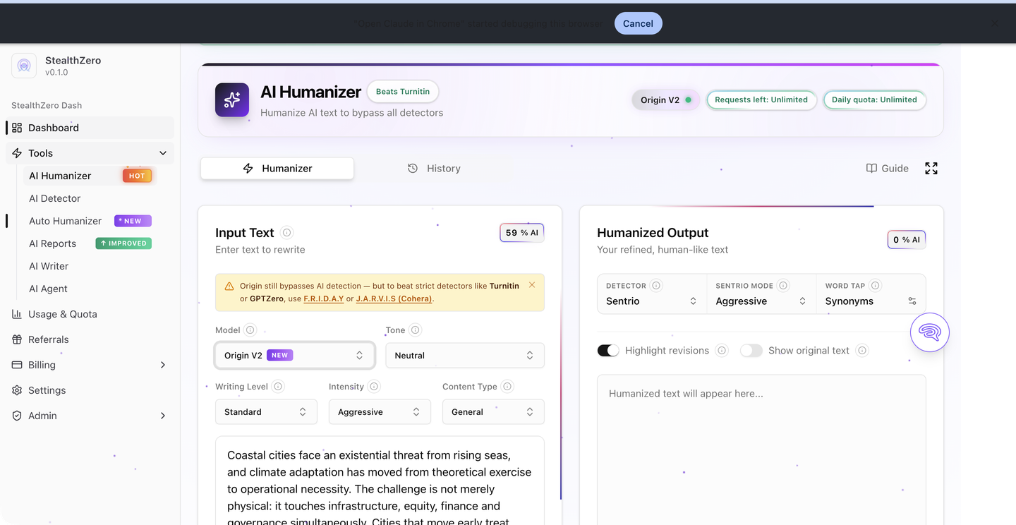 StealthZero rephrase tool with ChatGPT generated text pasted into the input panel