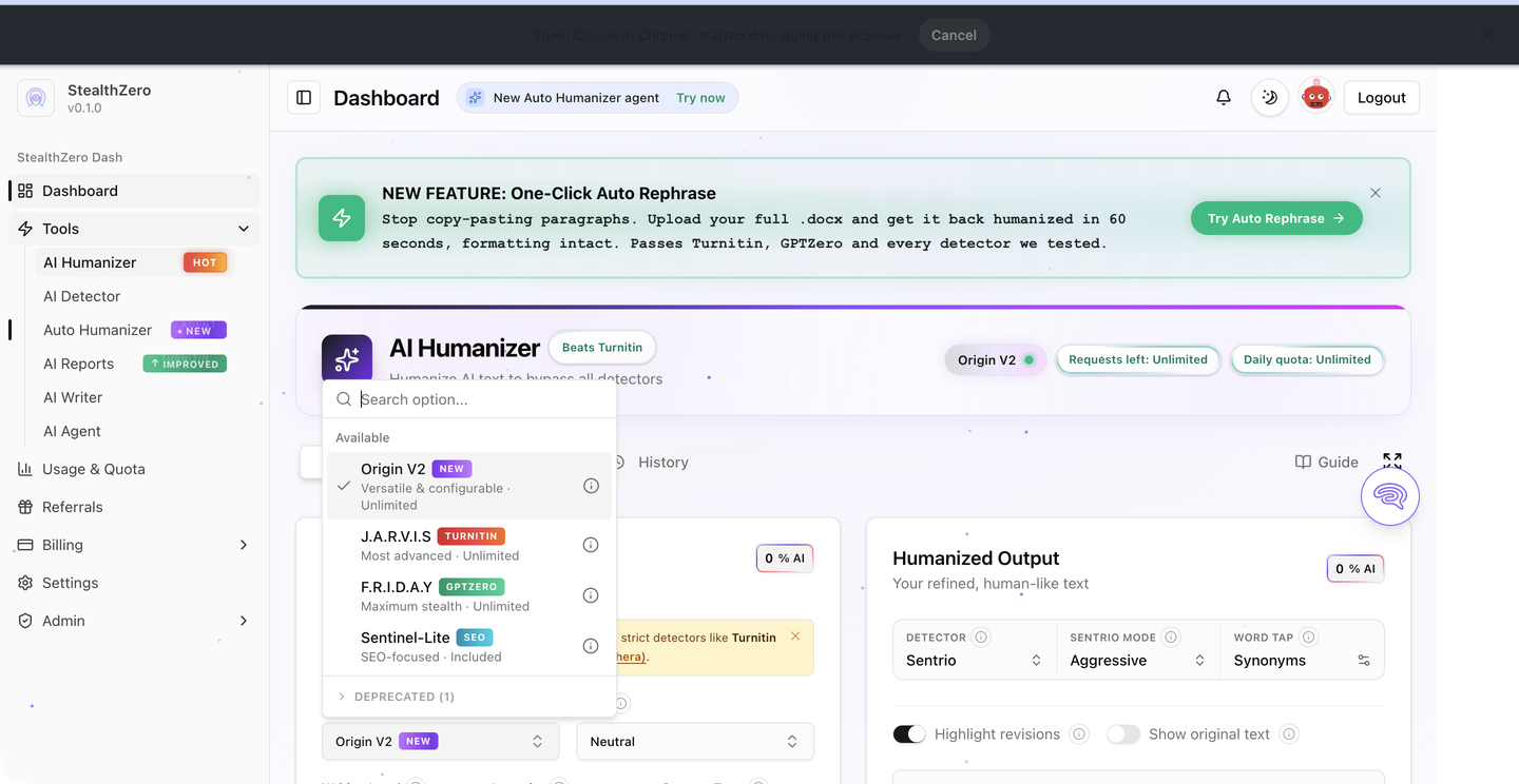 StealthZero humanizer tool with the model selector visible
