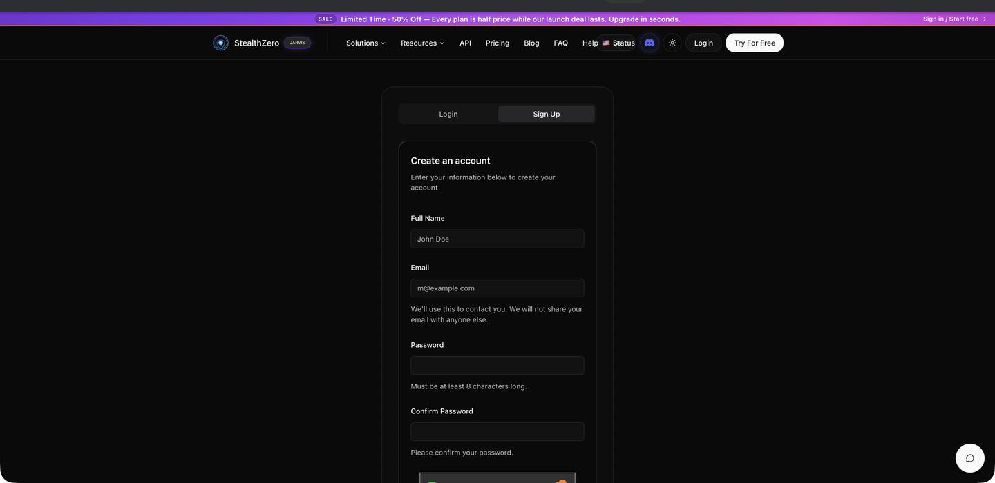 StealthZero sign up page