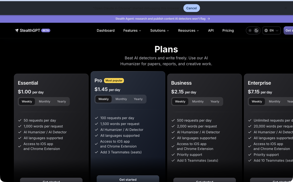 StealthGPT pricing page shown