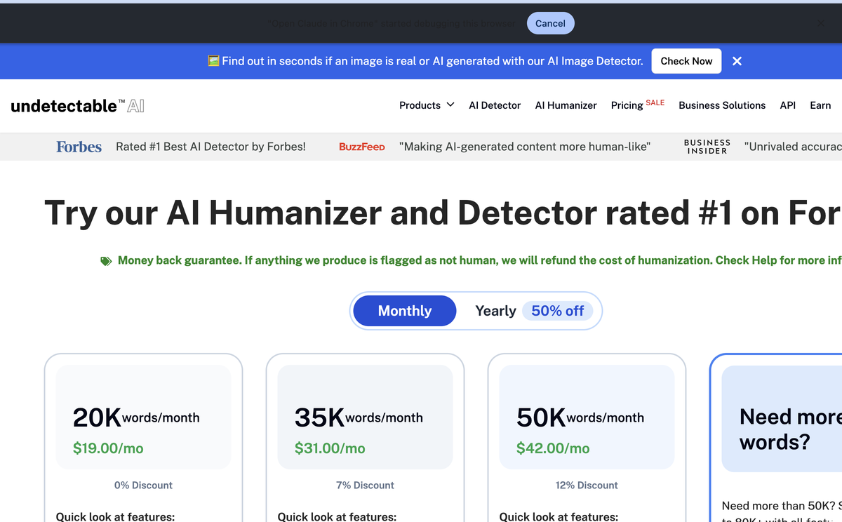 Undetectable AI pricing page shown