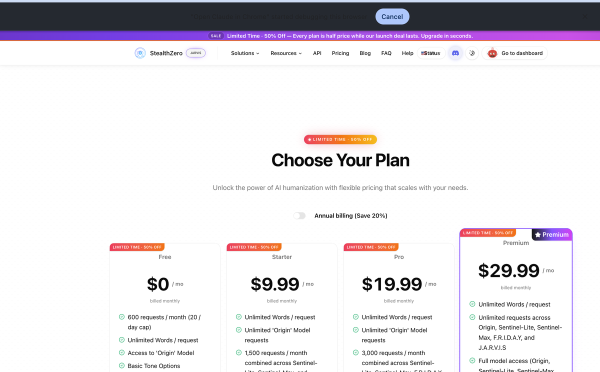 StealthZero pricing page