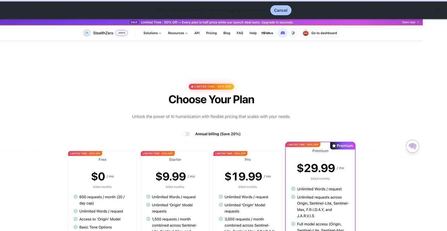 StealthZero pricing page showing tier comparison table